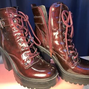 Glossy Maroon Lace-Up Ankle Booties